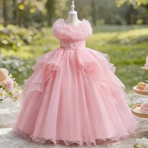 Girls' Elegant Princess Dress with Layered Tulle Skirt & Ruffled Collar – Puffy Flower Girl Gown for Christmas, Wedding & Birthday Parties gown Formal
