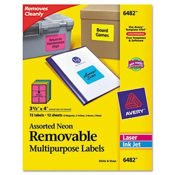 Avery Removable Self-Adhesive Labels & Stickers, 3.33x4 in, Assorted Neon Colors, 72-Pack, Repositionable, Clean-Removing, for Office Stationery & Organizing Tasks, Assorted Colors, Removes Cleanly