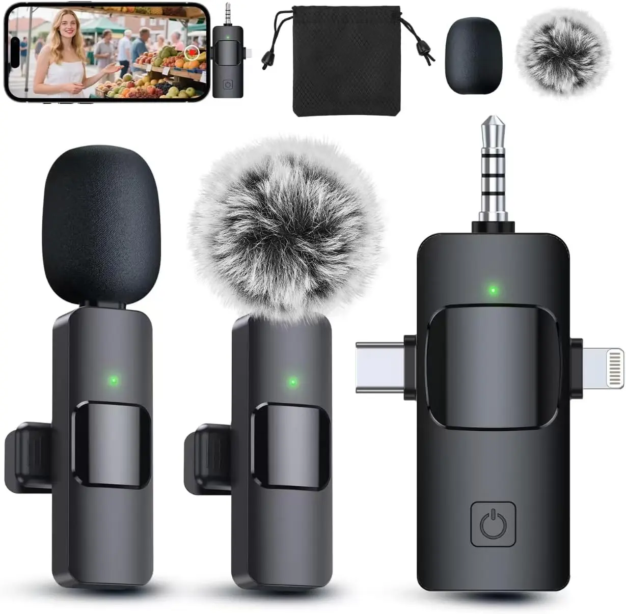 PQRQP 3 in 1 Professional Wireless Lavalier Microphone for iPhone/Android/Camera, Wireless Microphones, Mini Microphone, Crystal Clear Sound Quality for Recording, Live Streaming, Clips-Elegant Black
