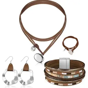 3 Pcs Western Jewelry for Women Bohemian Set, Boho Pendant Long Choker, Faux Leather Layered Bracelet, Dangle Earrings