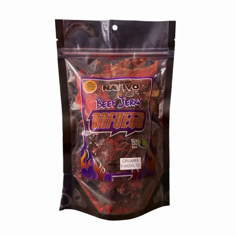 Nativo Artisan Beef Jerky Crumbs – OnFuego Spicy Chili Lime Flavor – 5 oz – Dry-Style, Variable Texture – Made in USA