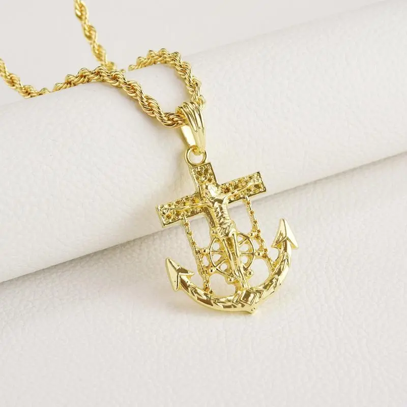 Gold and Silver Jesus Anchor Cross Faith Pendant Necklace, Hip Hop Costume Fashion Accessory