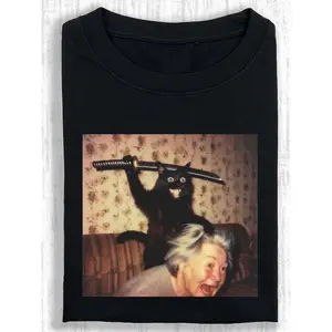 Cursed Image Katana Cat Men's T-Shirt 180g Pure Cotton Casual Funny Black Cat Graphic Tee Weird Meme Print Top Gift for Cat Lovers S-5XL