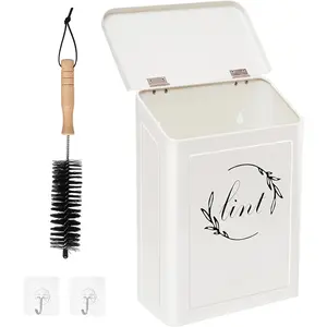 Lint Bin for Laundry Room, Metal Lint Trash Can with Lid for Dryer, Wall Mounted Lint Holder Box with Lint Brush, Modern Farmhouse Laundry Room Decor, Cream