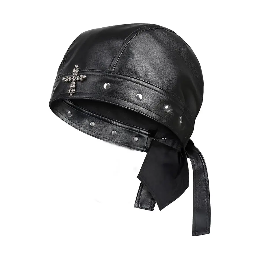 Adjustable Leather Cap with Pirate Skull Design, Unisex Biker-Style Bandana Headwrap for Sun Protection, Adjustable Caps