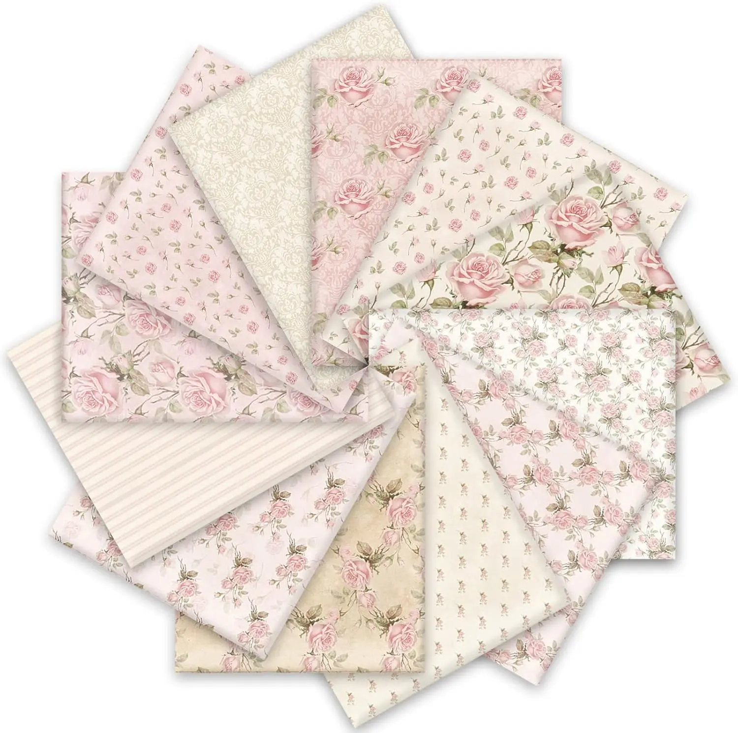 12PCS Spring Cotton Fabric Bundles 20 x 20 Inch Retro Floral Printed Fat Quarters Pink Flower Quilting Patchwork Squares Sewing Fabrics for DIY Handmade Crafting Home Party Decor