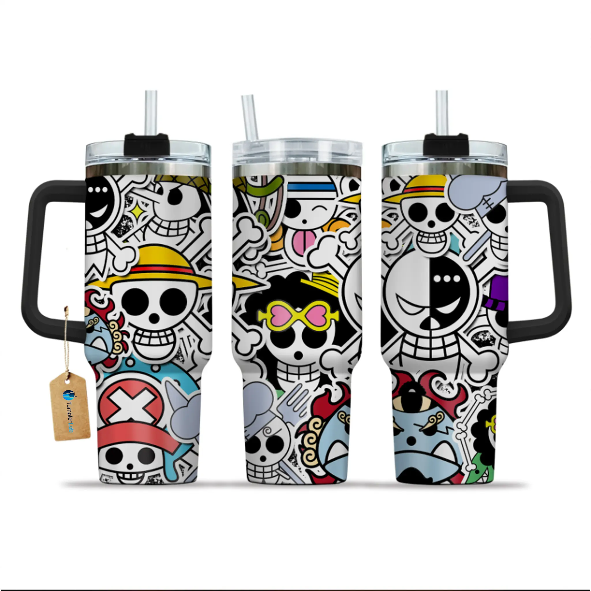 OP Symbols Insulated Tumbler with Handle and Straw - 40oz Stainless Steel Travel Mug - One Piece Gift for Fans - Double Wall Vacuum Cup for Hot/Cold Drinks, Stainless Steel Travel Mug