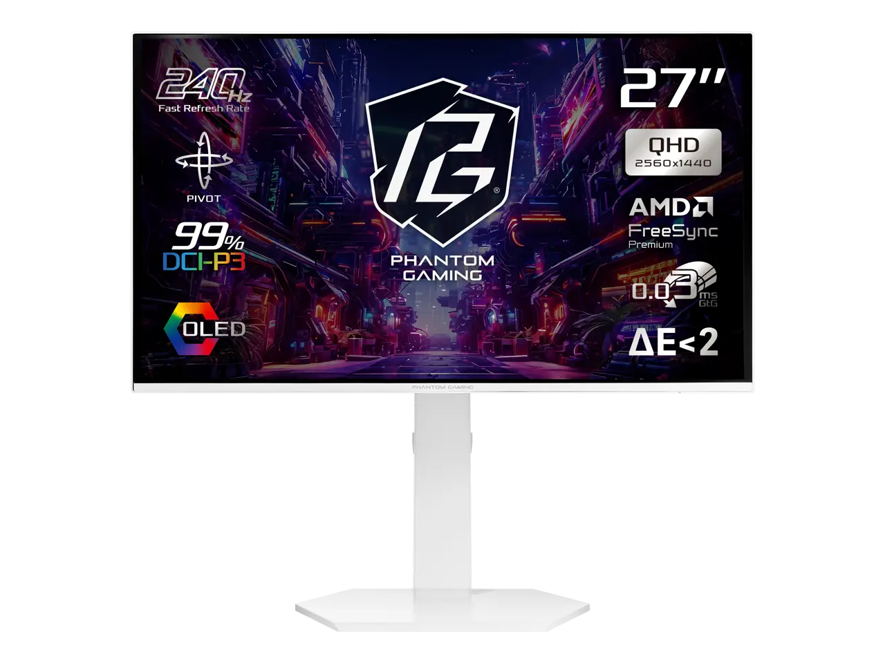 ASRock Phantom Gaming  27 inch QHD 2K 1440P 240Hz AMD FreeSync Premium 0.03ms HDR10 OLED White Gaming Computer Monitor with Height Adjustable, Swivel, Pivot & Tilt Stand PGO27QSA-W
