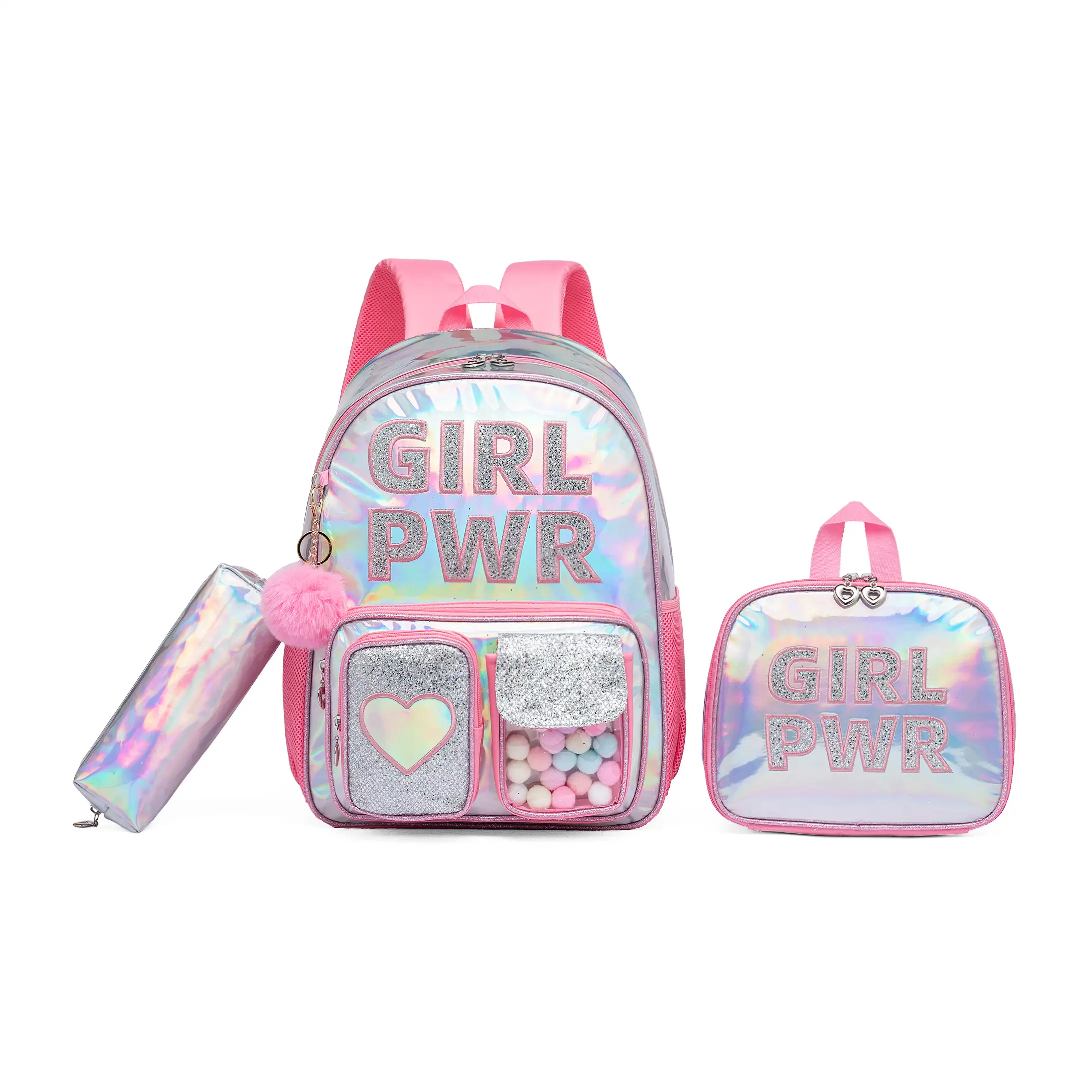 Holographic Backpack Set for Girls, 3-Piece Rainbow School Bag with Insulated Lunch Tote & Pencil Pouch, "Girl Power" Bookbag for Back to School, Back To School Haul