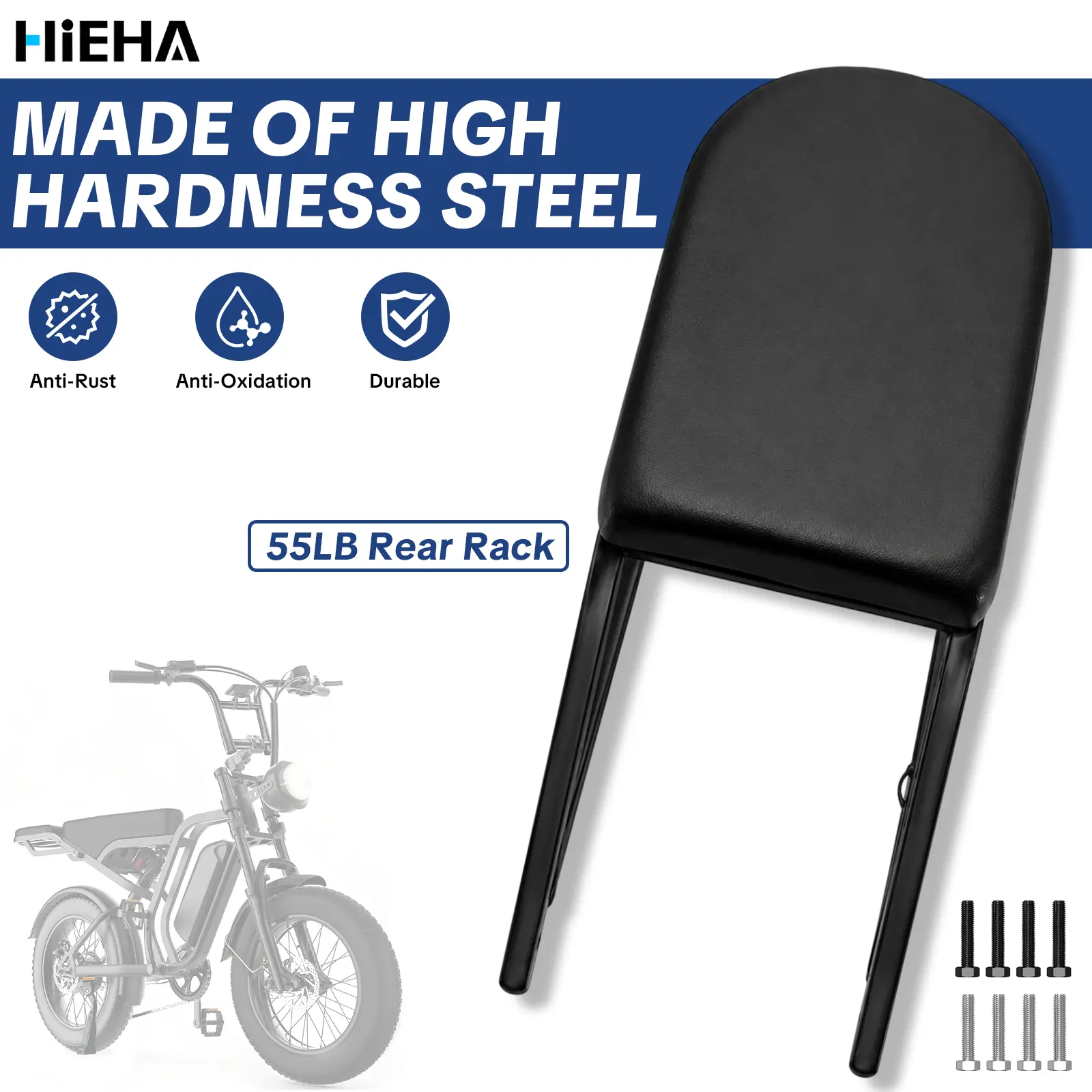 HIEHA E-Bike Rear Rack, 55LB Heavy Duty Steel Rear Cargo Rack with Cushioned Top Pad, Fits Electric Bikes with 9cm (3.54") Mounting Hole Spacing