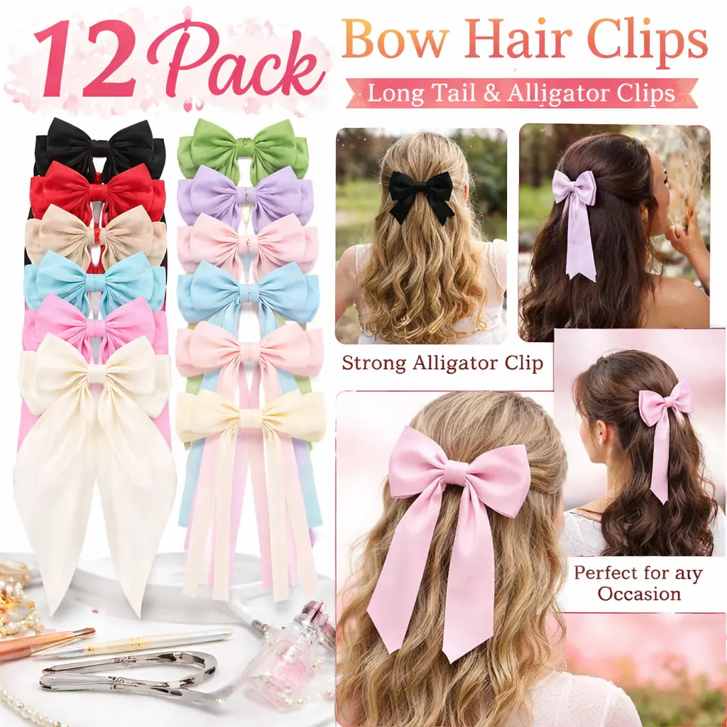 12pcs Cute Elegant Modern Female Hair Clips Set - 6 Big Long-Tail Bow Hairpins, 6 Tassel Ribbon Barrettes, Metal Ponytail Holder Clips for Everyday Casual Use, Summer Mid-Year Restock, Hairstyle Ideas, Long Tails Sway