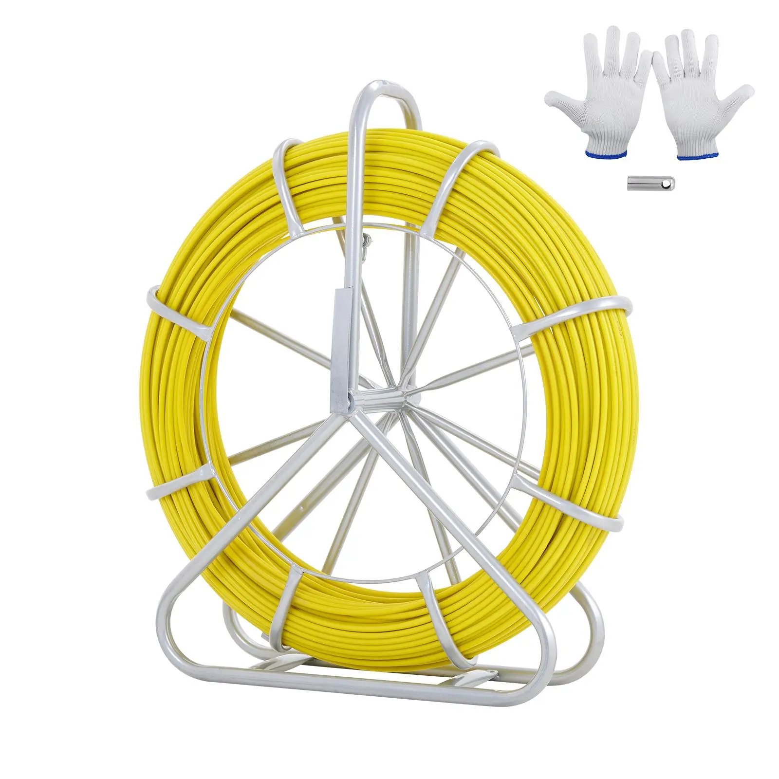 【Summerfinds】VEVOR Fish Tape Fiberglass, 425 ft, 1/4 inch, Duct Rodder Fishtape Wire Puller, Cable Running Rod with Steel Reel Stand, 3 Pulling Heads, Fishing Tools for Walls and Electrical Conduit, Non-Conductive