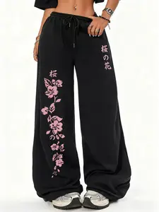 Black Oversized Fit Wide-Leg Pink Sakura Print Joggers - Japanese Cherry Blossom Drawstring Waist Sweatpants