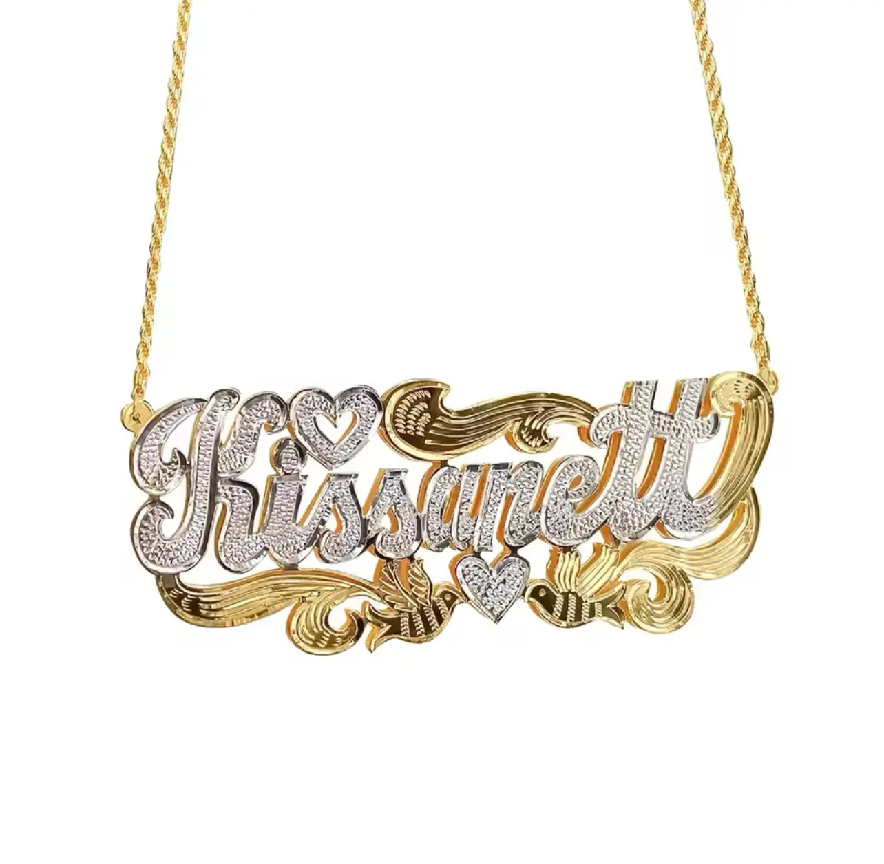 18K Two-Tone Gold Custom Nameplate Necklace – Double Layered 3D Personalized Jewelry