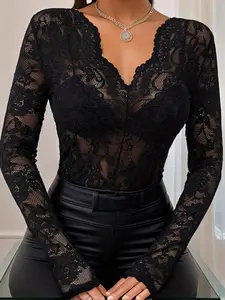 Women's Sheer Floral Lace Cover Up Top, Elegant Aesthetic Scallop Trim Long Sleeve V Neck Blouse Top for Party Holiday Vacation, Ladies Clothes Womenswear for All Seasons