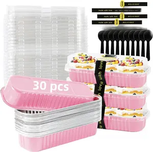 30 Pack Pink Disposable Rectangular Aluminum Foil Loaf Pans with Lids,6.8oz Mini Cake Pans for Baking, Loaf Baking Pans, Small Cake Container