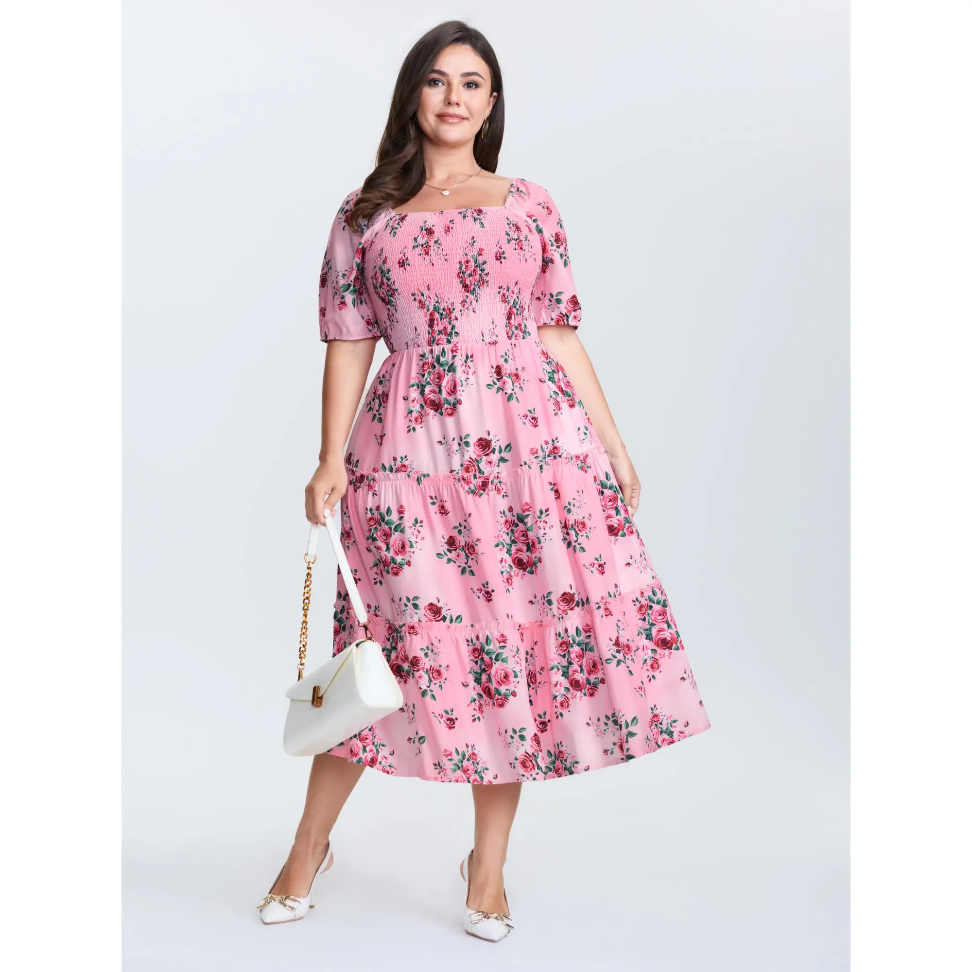 BLOOMCHIC Women's Plus Size Casual Wear Rayon Floral Print Stretchy Waist Shirred Midi Dress - Sleeved, Smooth Fabric, Pocketed, Flattering Fit for Swimweek, Watermelon, Plus Size Dresses,Summerfinds