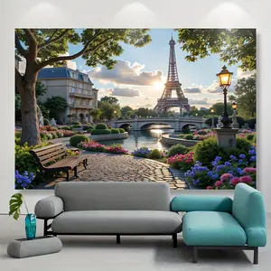 1pc Eiffel Tower Spring Garden Tapestry - Durable 100% Polyester Wall Hanging with Vibrant Parisian Scene, Perfect for Living Room & Outdoor Party Decor, No Electricity Needed, Outdoor Party Backdrop |   Scenic Tapestry |