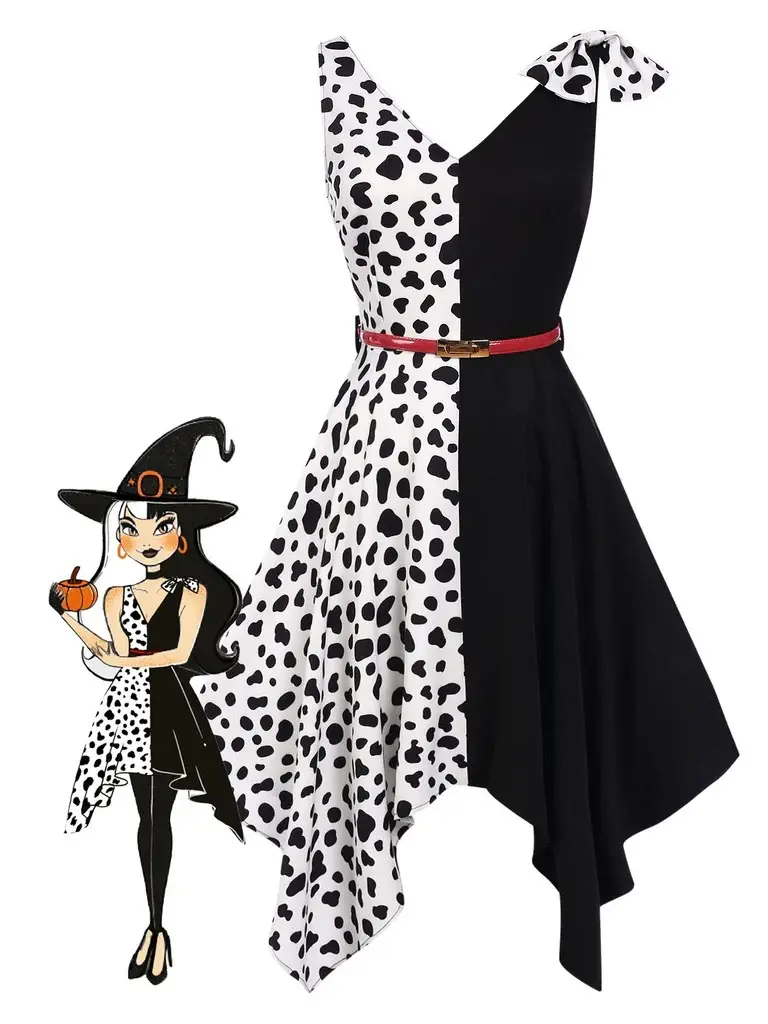RETRO STAGE Women's 1970s Dalmatian Print Asymmetrical Dress, Cute Witchcore Retro Party Halloween Costume Attire with Red Belt, Lady, Whimsical Dress
