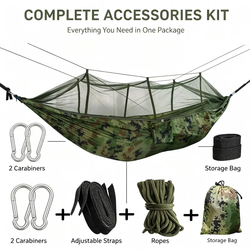 Camping Hammock with Integrated Anti-Mosquito Net, Camouflage Parachute Nylon 2-Person Portable Bed (260cm, 140cm, 300kg Capacity) for Backpacking & Backyard Relaxation, Lawn, Quick-Drying, Tear-Resistant, Hammock Camping, Hanging Hammocks
