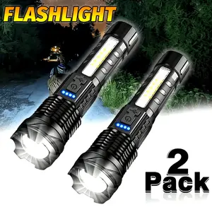 2-Pack Matte Aluminum LED Emergency Flashlight, USB Rechargeable Work Light, with COB Floodlight, Outdoor Portable Handheld Light for Camping, Hiking, and Emergency Situations - 800mAh Battery