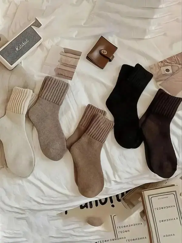 Women’s Solid Mid-Calf Socks – Set of 5 Pairs, Soft & Breathable Fabric, Warm Cozy Comfort with Stretchy Fit, Perfect for Everyday Fall & Winter Wear