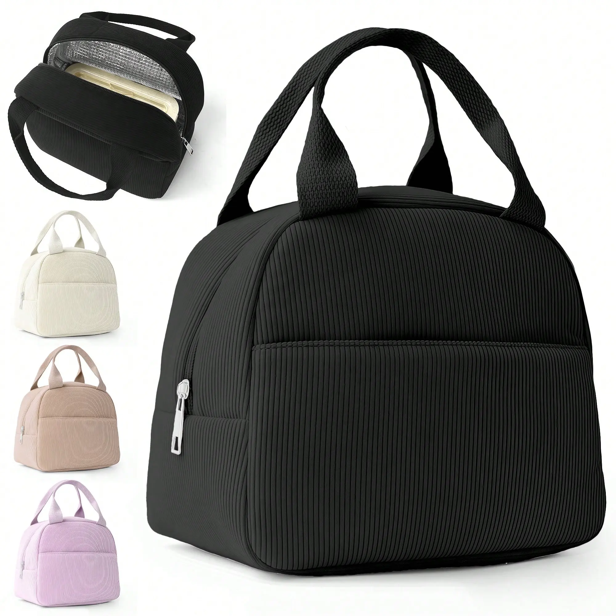 Corduroy Insulated Lunch Bag, Solid Color Portable Thermal Tote for Work, School, Picnic, and Camping, Thermal Bag, Portable Lunch Bag