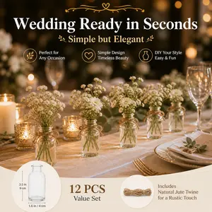 12-Piece Porcelain Modern Embossed Glass Vases with 196.85-in Brown Rope, 0-50 cm Transparent Desktop Decor for Weddings, Home