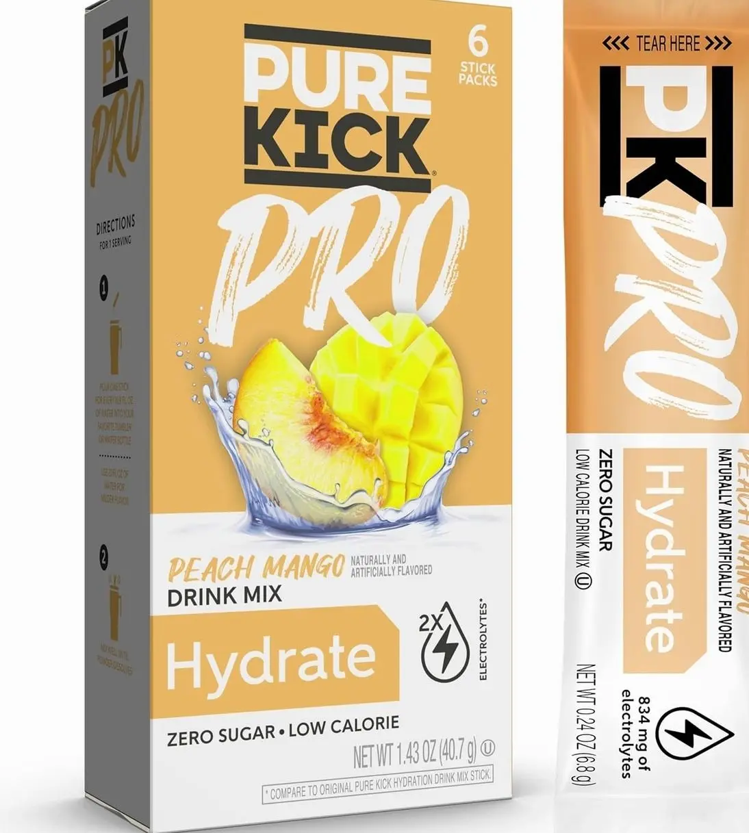 PURE KICK PRO Hydration Electrolyte Drink Mix, Peach Mango, Includes 1 Box with 6 Packets in Each Box