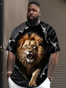 Lion Spirit 3D Visual Impact Graphic Man T-Shirt, Geometric Pattern, Short Sleeve, Loose-Fitting, Long, Casual Style, All Seasons Wear