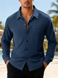 New men's solid corduroy long-sleeved shirt, button cardigan, casual style, comfortable fabric, suitable for men's daily wear autumn and winter, men's casual sports long-sleeved shirt, men's shirt jacket, Casual Party Shirt, Casual Menswear