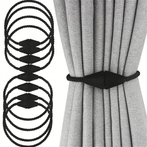 8 Pack Magnetic Curtain Tiebacks Rope Modern Handmade Curtain Tie Backs Decorative Drapes Weave Holdbacks for Window Décor, Black
