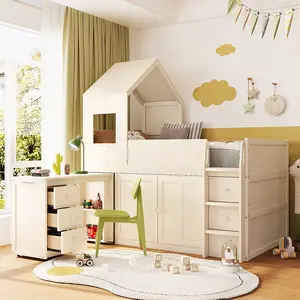 Twin Size Low Loft Bed with Desk, Storage Drawers,Cabinets,Wooden Twin Bed Frame with Sturdy Slats, No Box Spring Needed, Beige