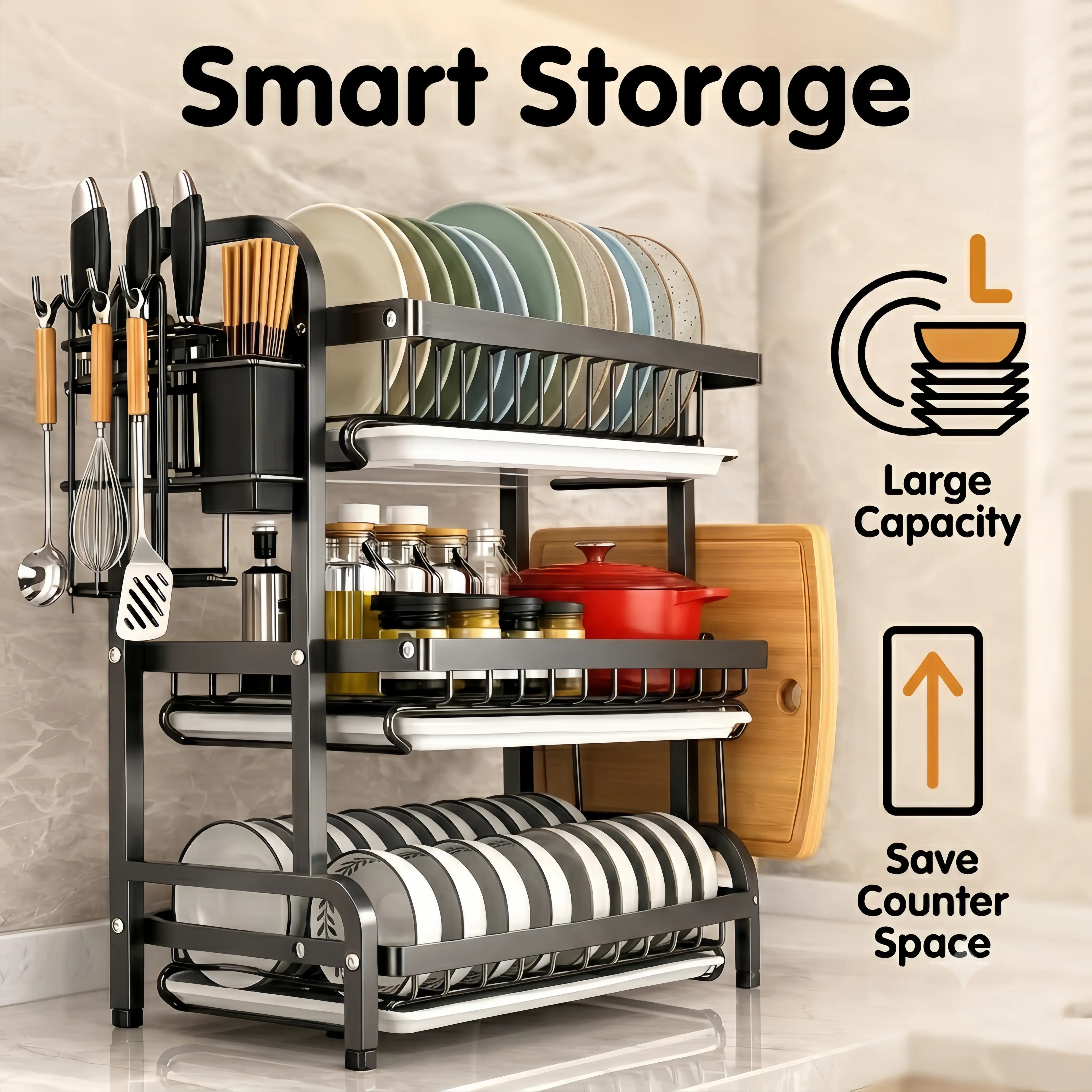 Dish Drying Rack, Dish Rack, 3-Tier Stainless Steel Dish Racks for Kitchen Counter, Dish Drainer with Removable Utensil Holder, Drainboard home organizer storage rack