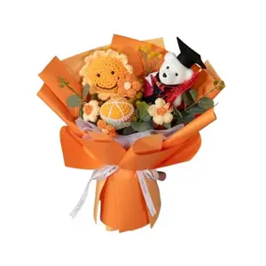 Handmade Crochet Graduation Bouquet with Bear & Sunflower, Everlasting Artificial Flower for Graduation Gift