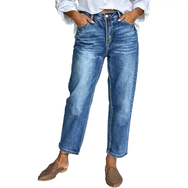 Flamingals Wash High Waist Straight Leg Crop Jeans Stretchy 24.8'' Inseam