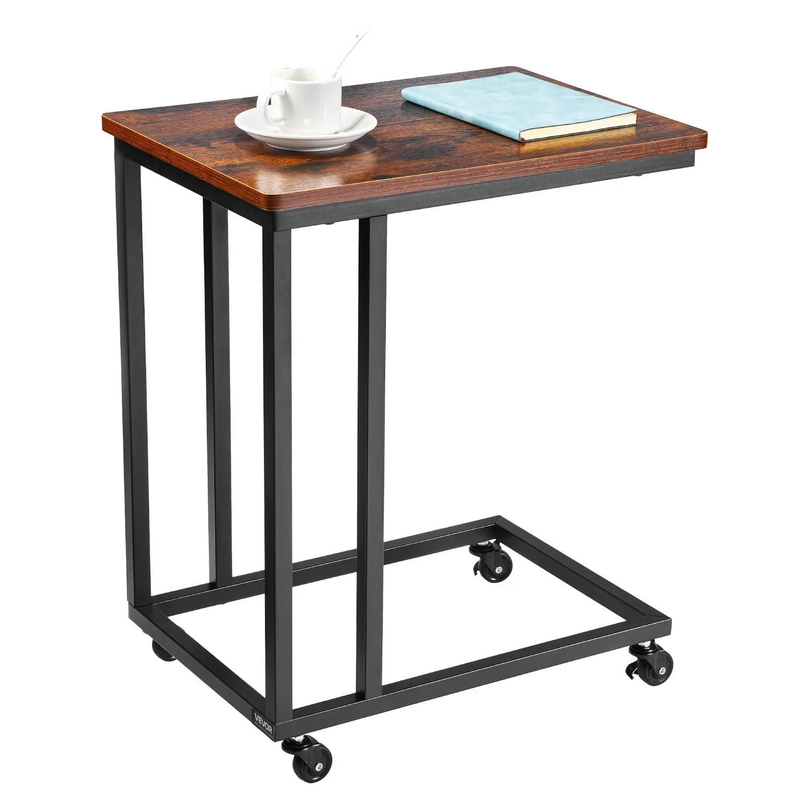 VEVOR Modern C-Shape Iron Frame Sofa-Side Storage Table with Brake Lock Wheels, Easy Portable Rolling End Stand for Living Room, 19.69x13.78x23.82in Laptop Stand, Brown & Black#BacktoSchool