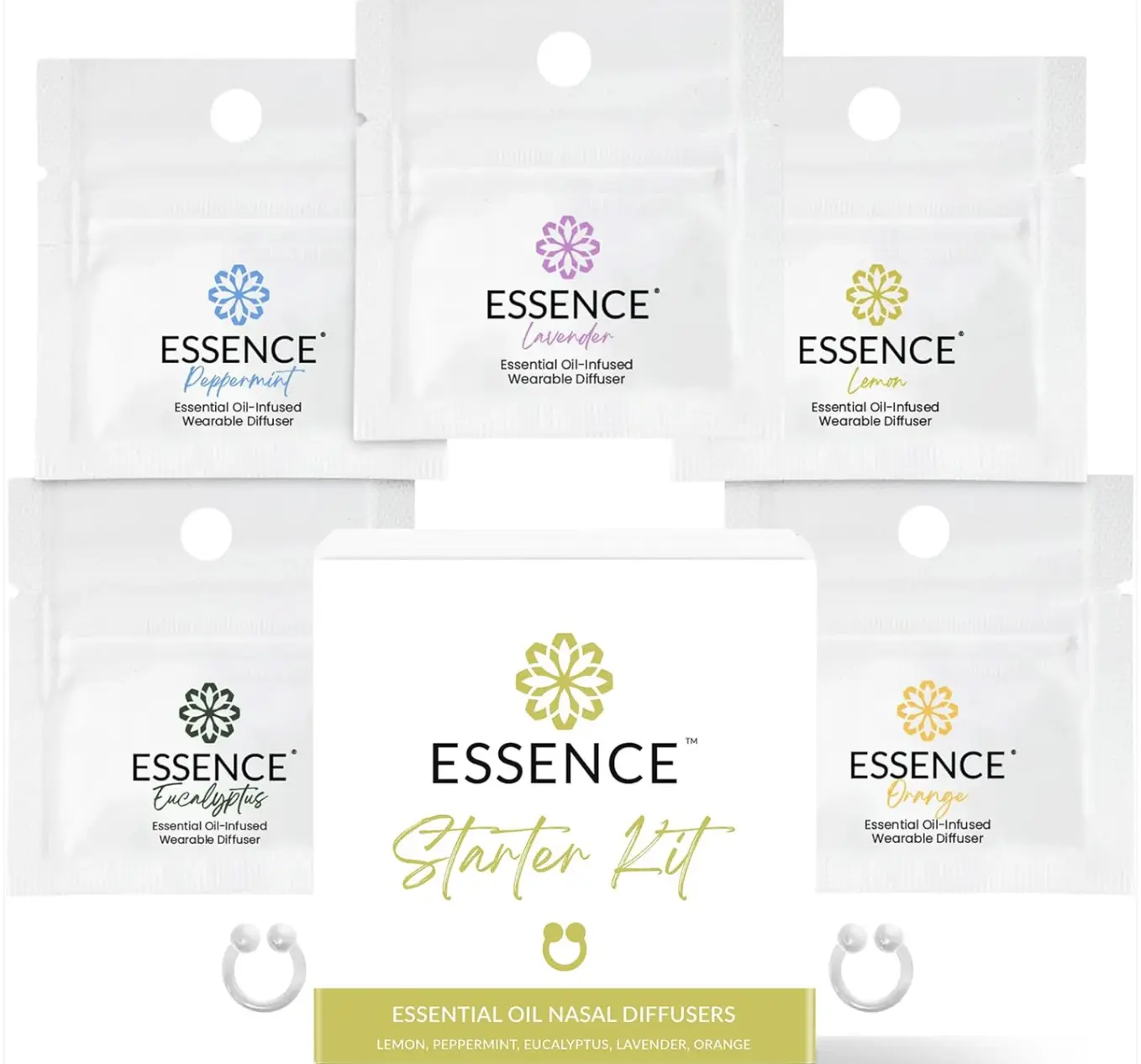Essence Starter Kit 5 Pack Bundle - Includes Lavender, Peppermint, Orange, Lemon, & Eucalyptus Nasal Diffuser Rings Healthcare Fitness Wellness