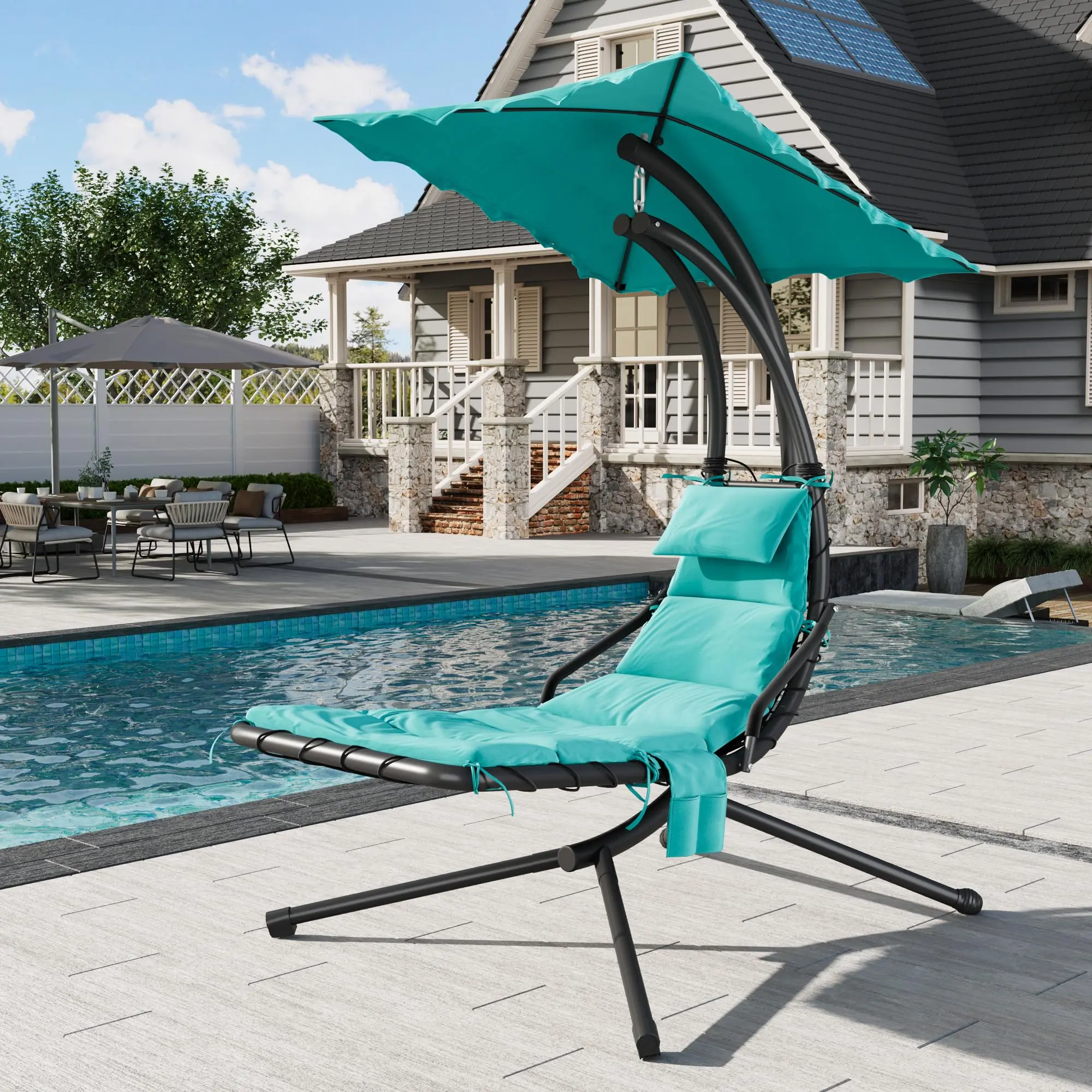 Hanging Chaise Lounge Swing Chair,Hanging Curved Chaise Lounge Chair Umbrella,Curved Steel Hammock Lounger Chair for Outdoor Indoor Patio Pool,Green cola  my