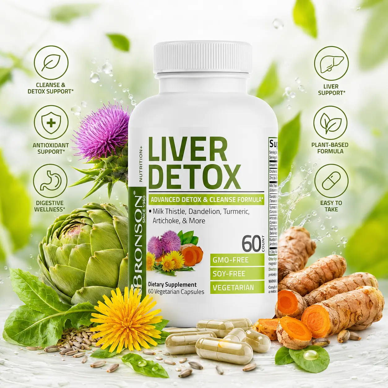 Bronson Natural Liver Detox Herbal Supplement - Advanced Plant-Based Botanical Extracts with Milk Thistle, Dandelion, Turmeric, Artichoke Leaf, Beetroot, Minerals for Liver Health - Gluten-Free, Non-GMO, 60 Count Vegetarian Capsules