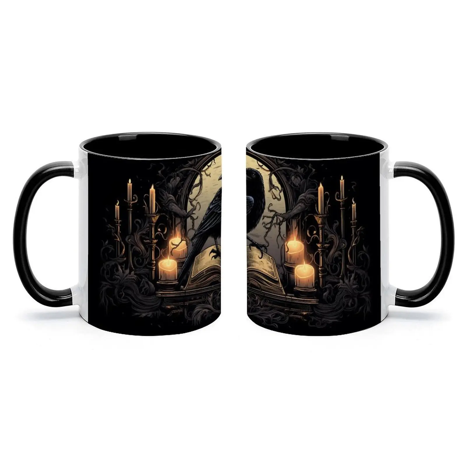 Raven's Candlelight Vigil Accent Coffee Mug - 11/15oz Drinkware, Halloween Cup, Teacher Fall Gift, Serene Autumn Hot Cocoa Mug, Drink