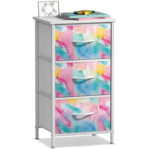 Sorbus Kids Dresser with 3 Drawers - Storage Chest Organizer Nightstand - Steel Frame, Wood Top, Tie-Dye Fabric Bins for Clothes