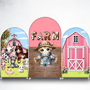 Cute Farm Animals and Pink Barn Arch Backdrop Cover for Barnyard Theme Party Decor