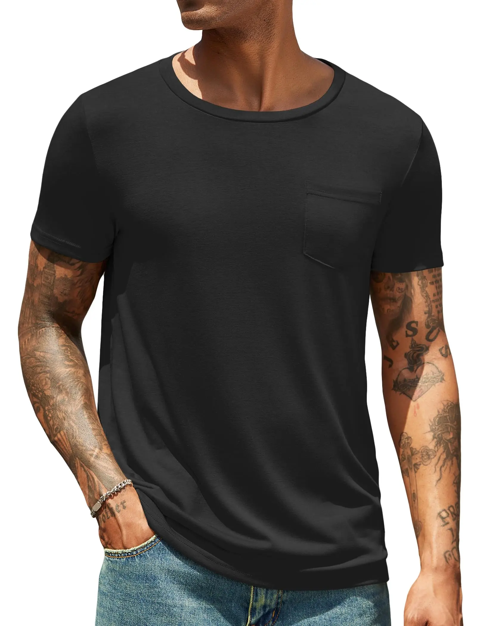 COOFANDY Men's Cotton Pocket Tee Shirts Soft Crew Neck Stretch T Shirt Plain Casual Short Sleeve Summer Basic Tops