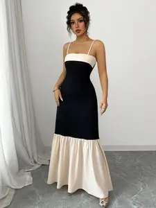 Women's Stretchy Polyester Colorblock Sleeveless Spaghetti Strap Maxi Dress - Lady's Casual Clothes for Daily Wear