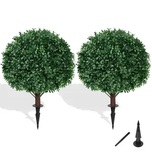 Artificial Boxwood Sphere Bushes Set of 2 Lifelike UV Resistant Faux Shrubs with Stakes for Porch Planter & Indoor Decor 16in Cedar Cypress Box Web Decorative Fruit Boxwoods - Triple-Layer Protection & Effortless Maintenance Ornaments
