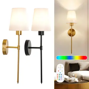 Battery Operated Wall Sconce Light withRemote Control, Rechargeable 5 ColorDimmable Led Light Set of 2 White FabricShade,lndoor Wireless Lamp For BedroomLiving Room