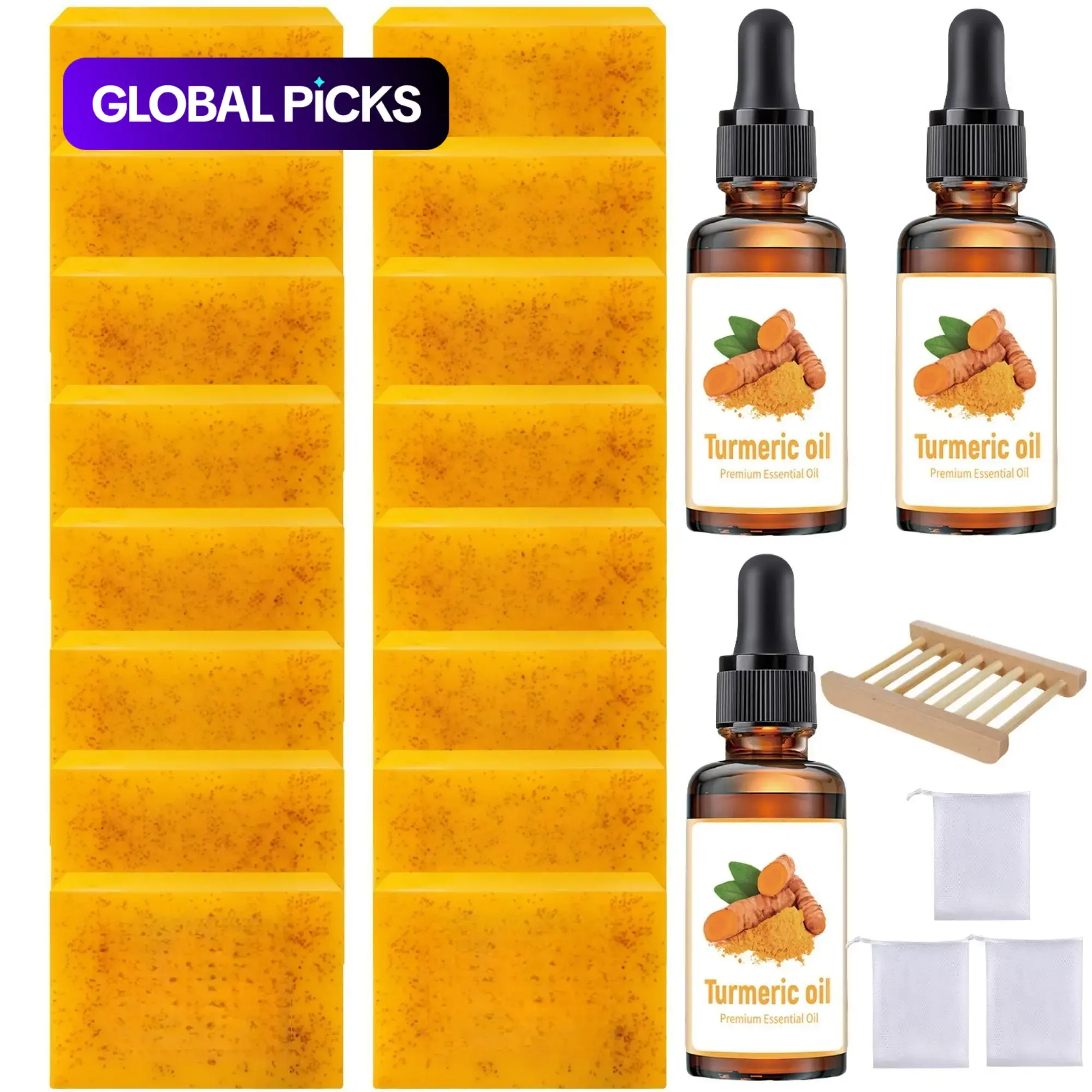16-Piece Turmeric Skincare Set with Kojic Acid Cleansing Soaps, Turmeric Oils, Soap Dish & Soap Bags for Face and Body Care #GLOBAL PICKS