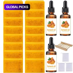 Turmeric Skincare Set, 16pcs Brightening Turmeric Kojic Acid Cleansing Soaps & 3 Counts Turmeric Oils & 1 Count Soap Dish & 3 Counts Soap Bags, Body & Face Care for Women & Men #GLOBAL PICKS