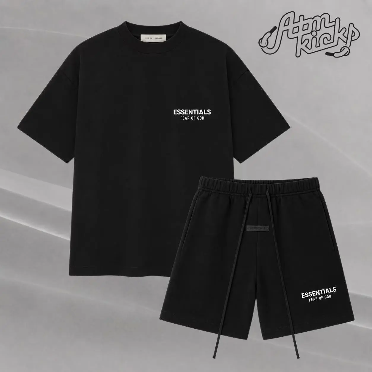 (Tee and Shorts) Fear of God Essentials T-shirt & Shorts Set Stretch Jet Black OVER SIZE Casual Wear Comfortable Fit Simple Design Versatile Everyday Wear Menswear Tops Crewneck ShortSleeve Light